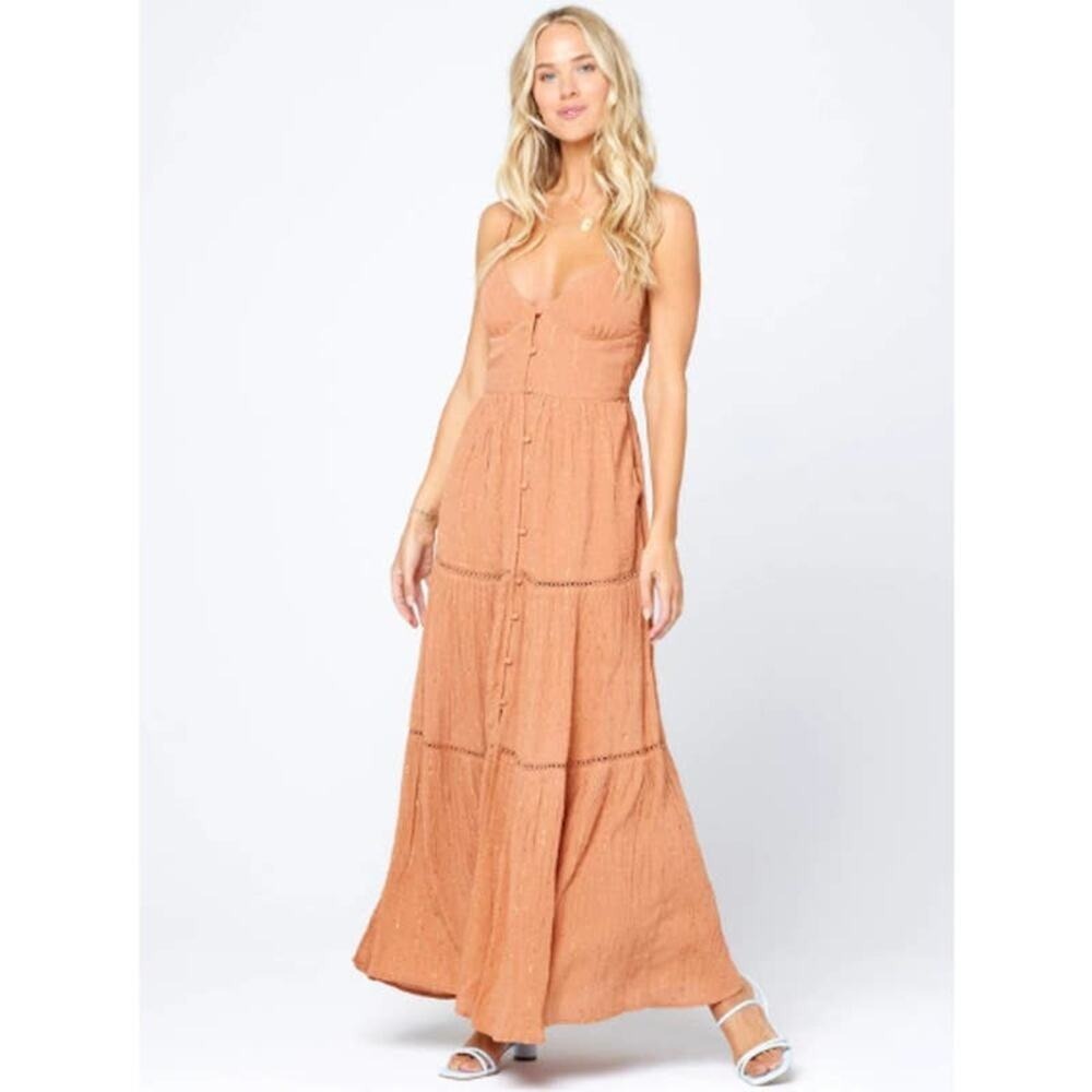 NWT L Space‎ Sunrise Escape Tiered Maxi Dress Shimmer Putty Size XL